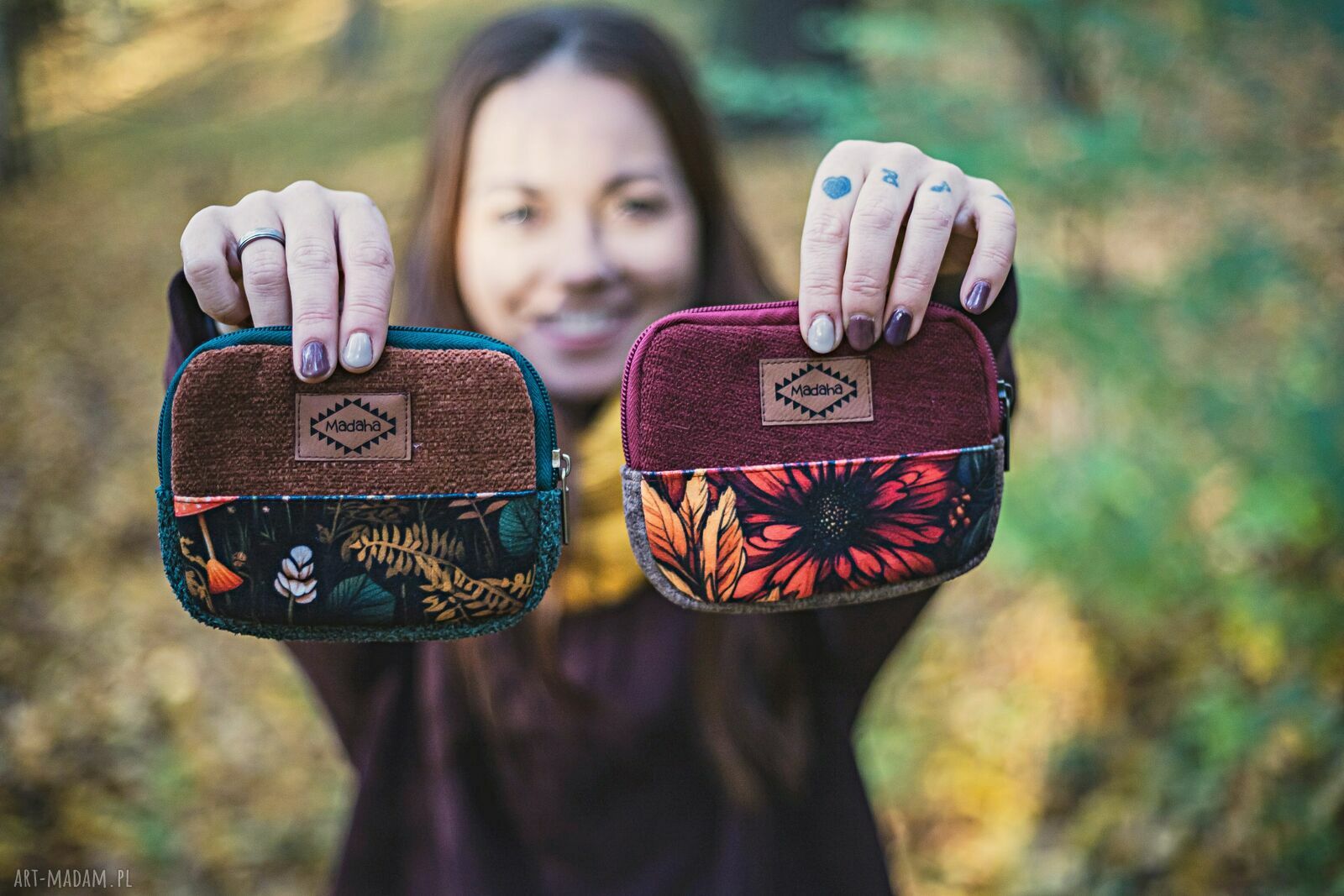 Mały portfelik damski handmade w patchworkowe liście