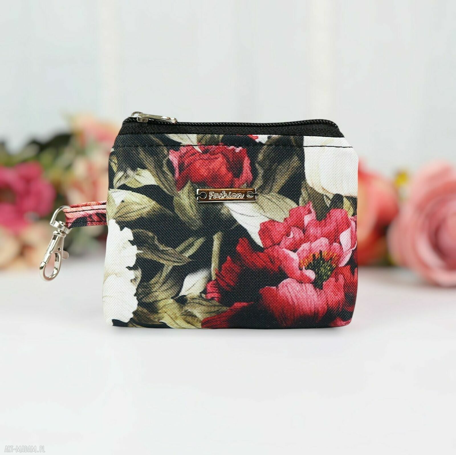 Mały portfelik Peonie - saszetka-zawieszka do torebki na suwak