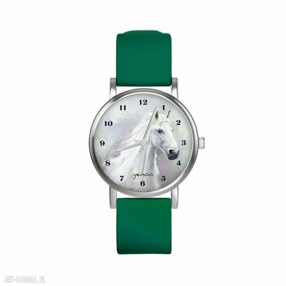 Mały zegarek z białym koniem - silikonowy pasek zielony (Miyota Quartz)