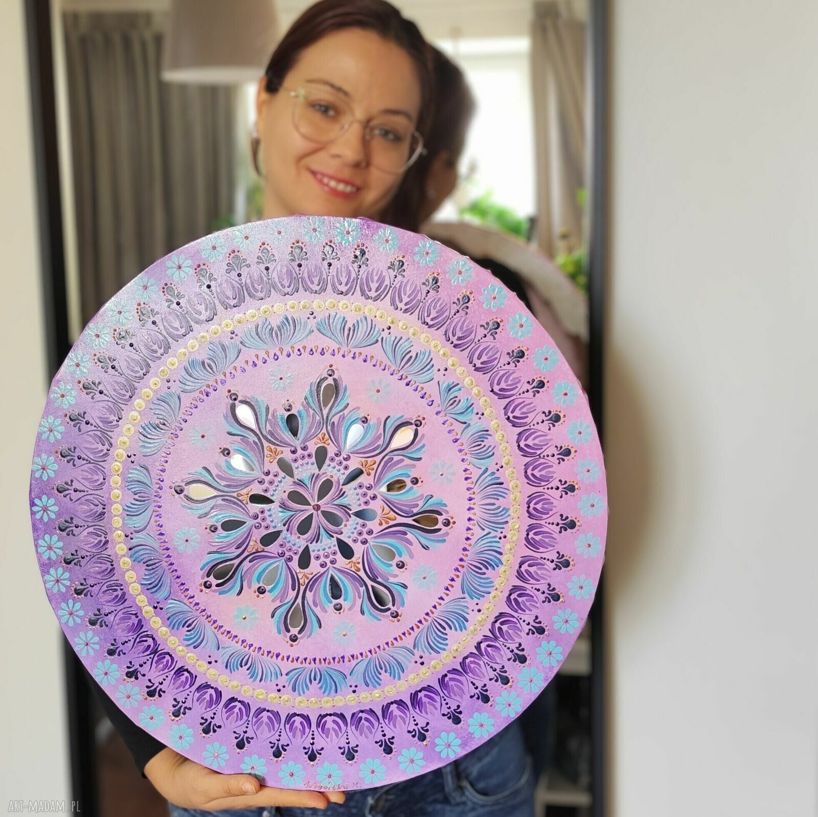 Mandala 50 cm z akrylowymi lusterkami - ręcznie malowana