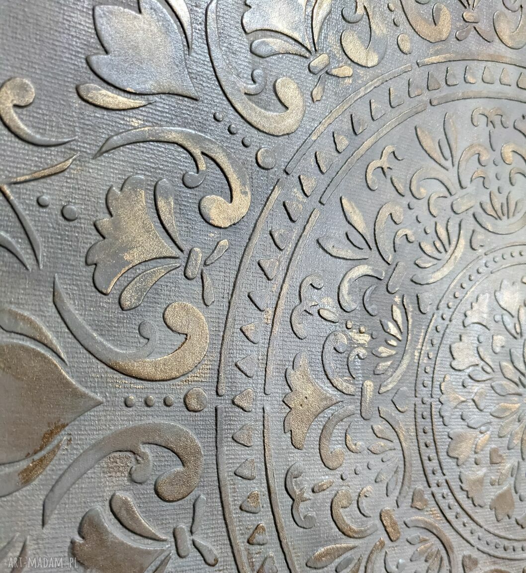 Mandala akryl struktura 3D w beżu i starym złocie (70x40)