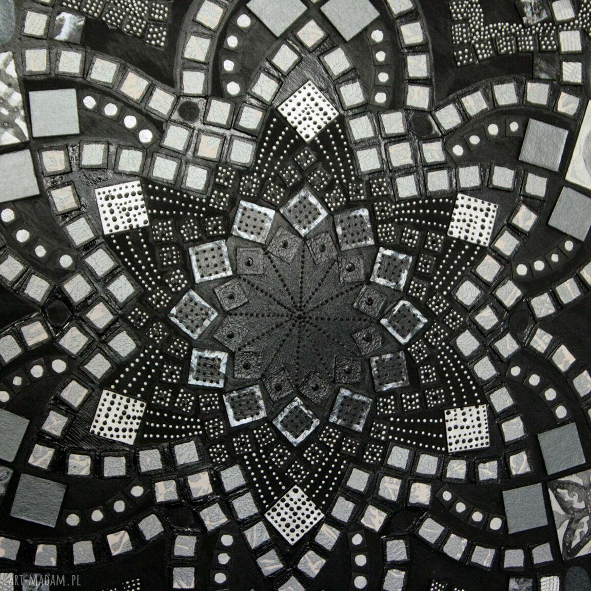 Mandala Zen czarna, biała, srebrna i perłowa - obraz ręcznie malowany 60 cm