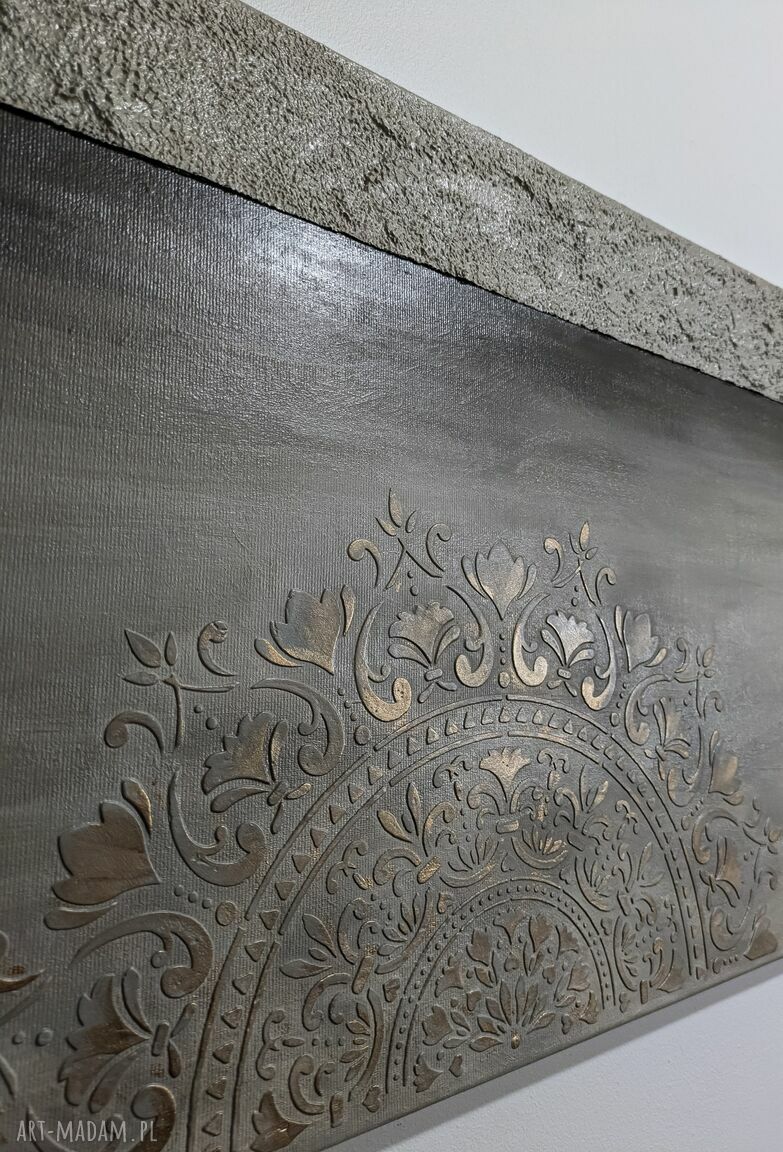 Mandala akryl struktura 3D w beżu i starym złocie (70x40)