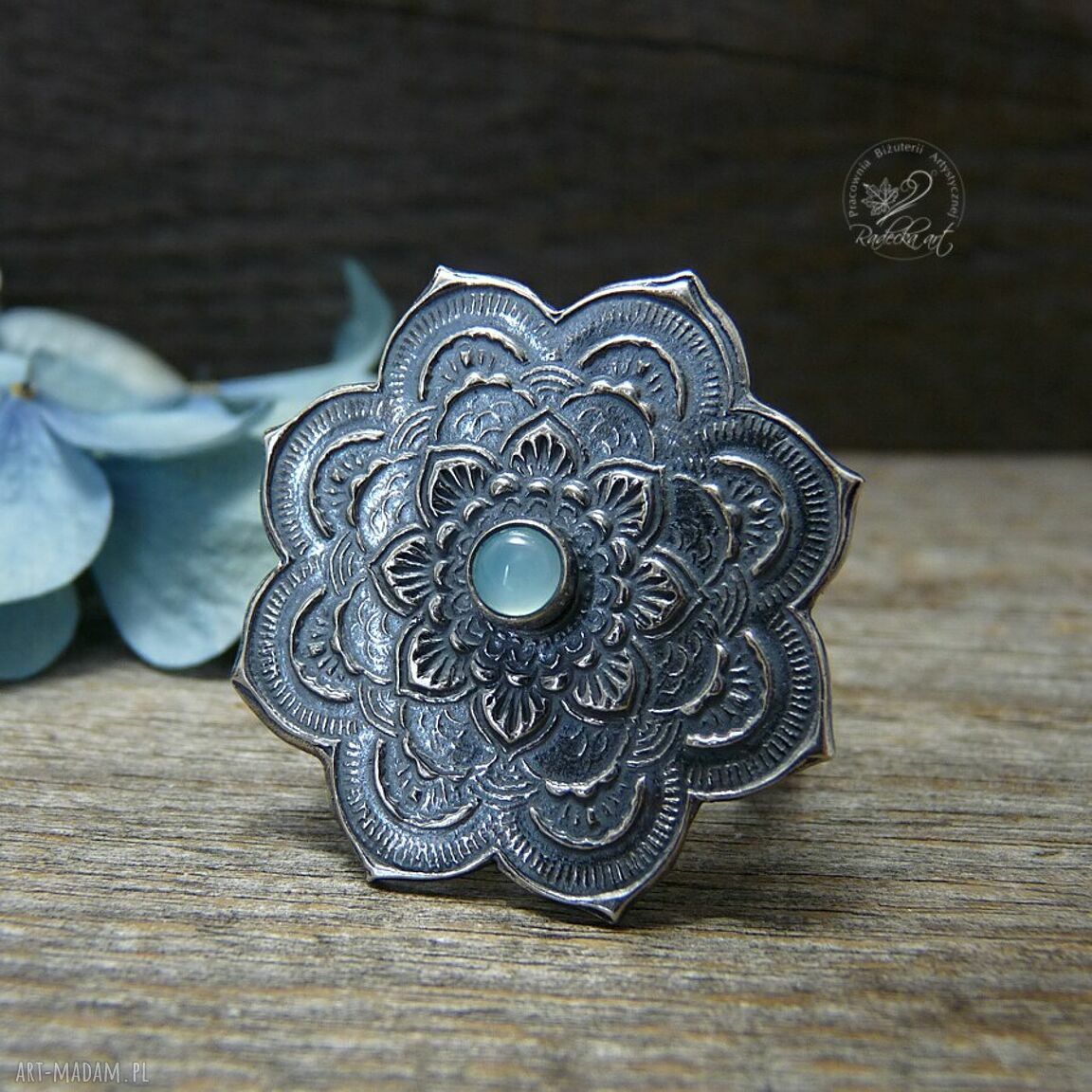 Boho pierścionek Mandala z niebieskim agatem - srebro 999/925