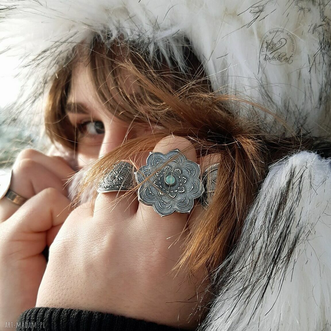 Boho pierścionek Mandala z niebieskim agatem - srebro 999/925