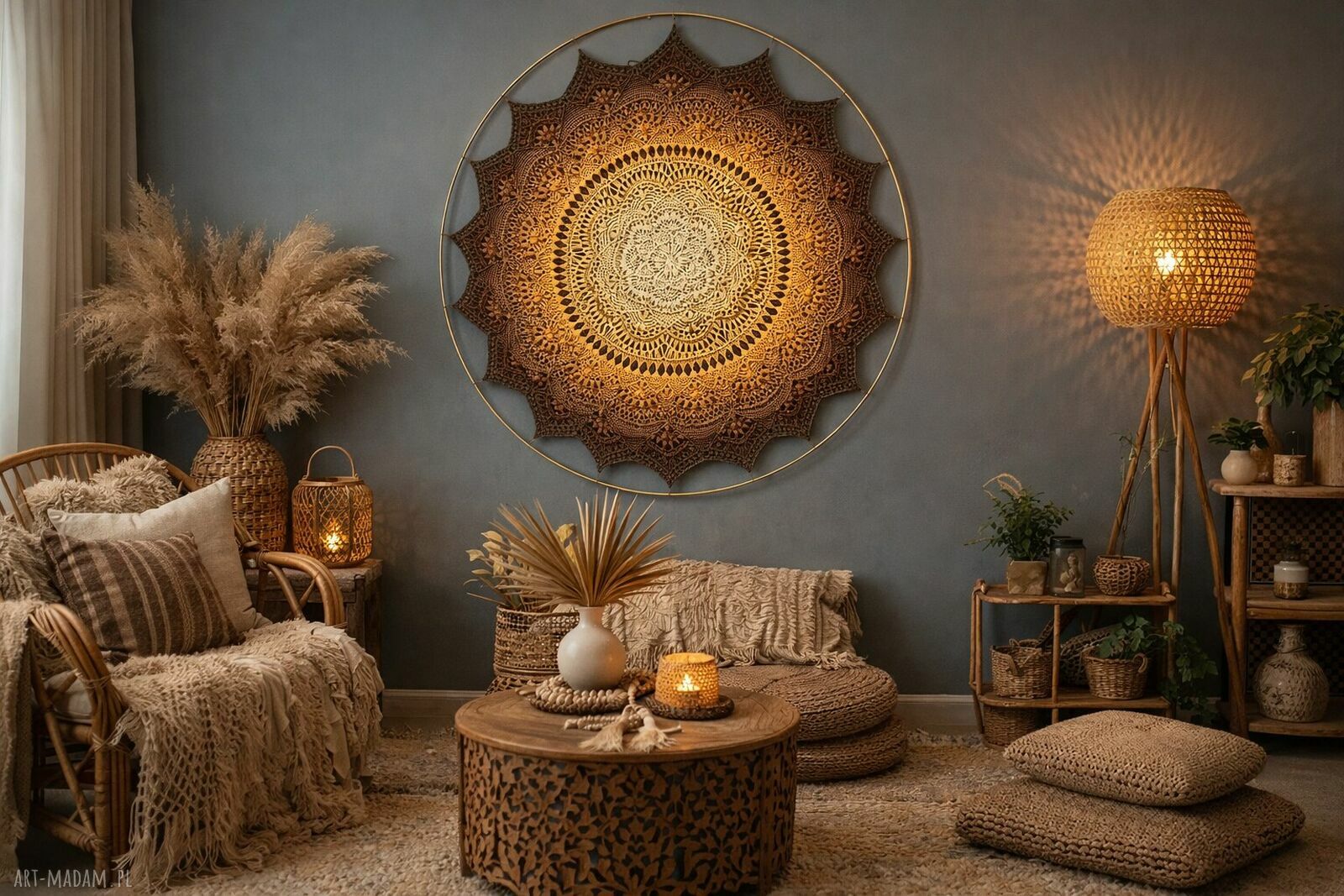 Mandala 3D na ścianę szydełkiem z efektem ombre - obręcz 90 cm