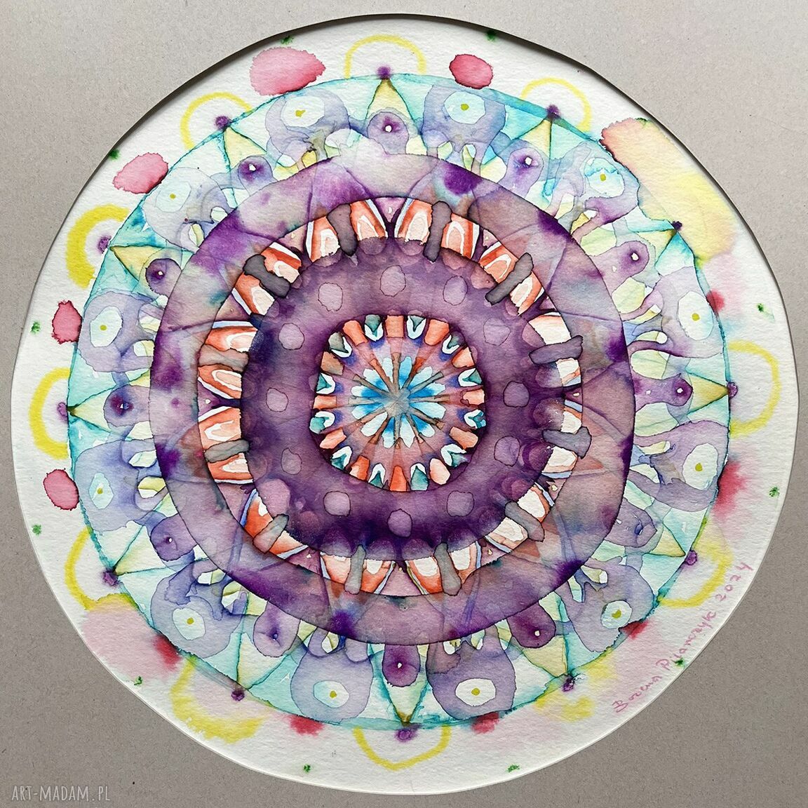 Mandala Wnętrza Ziemi i Człowieka - akwarela Zen w ramie 40x40 cm