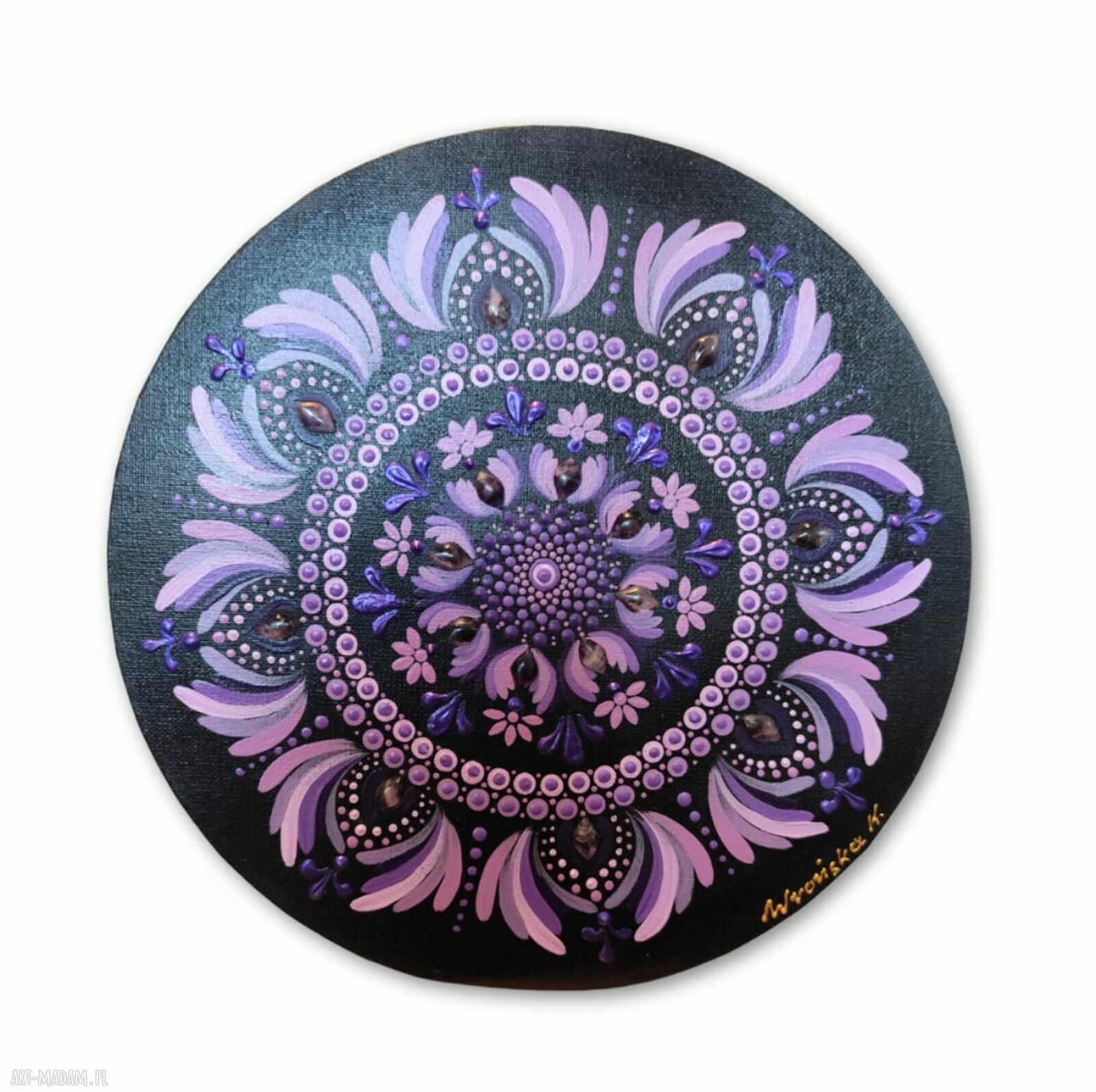 Mandala z ametystami 30 cm - obraz ręcznie malowany z akrylu i kamieniami naturalnymi
