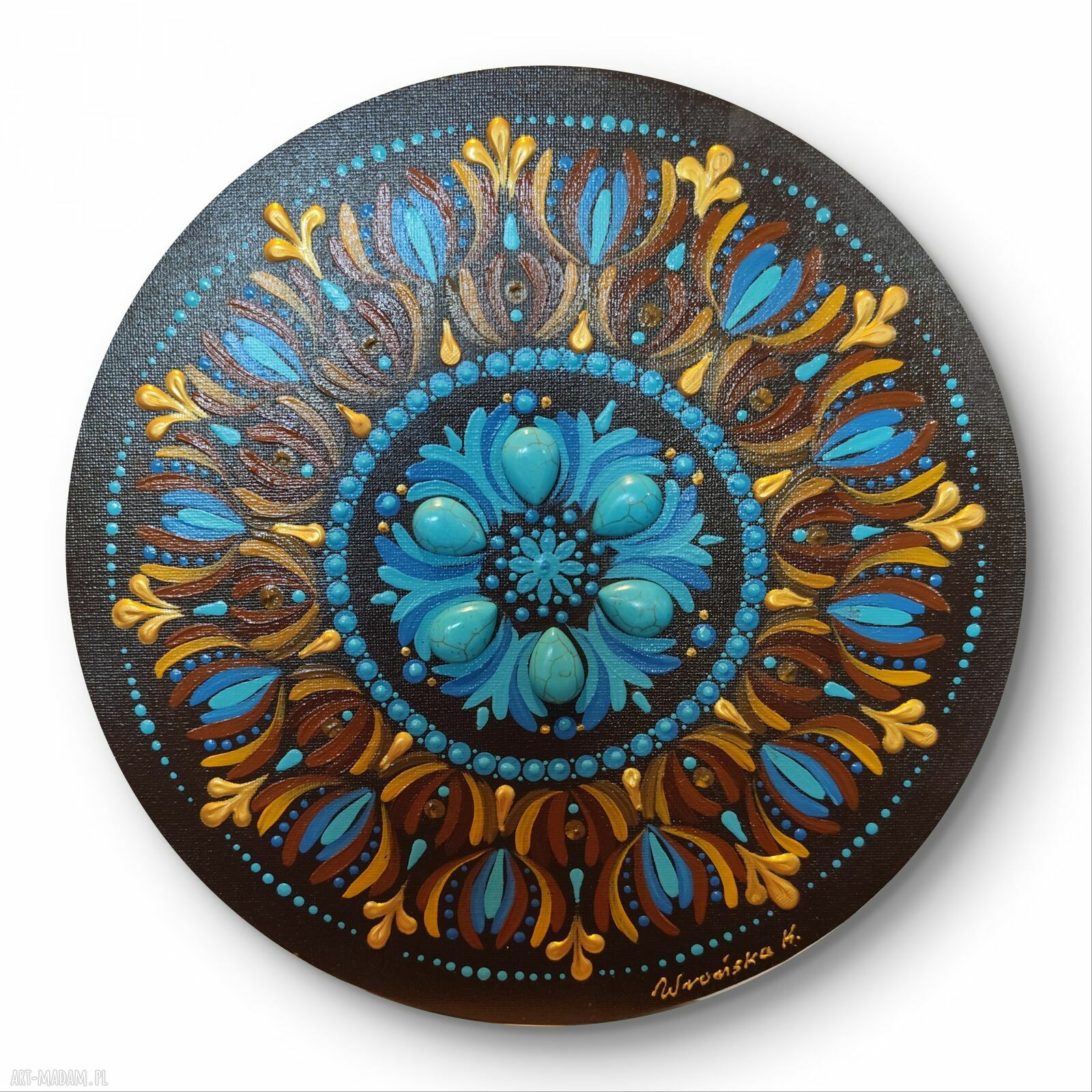 Mandala z turkusami 30 cm - obraz ręcznie malowany