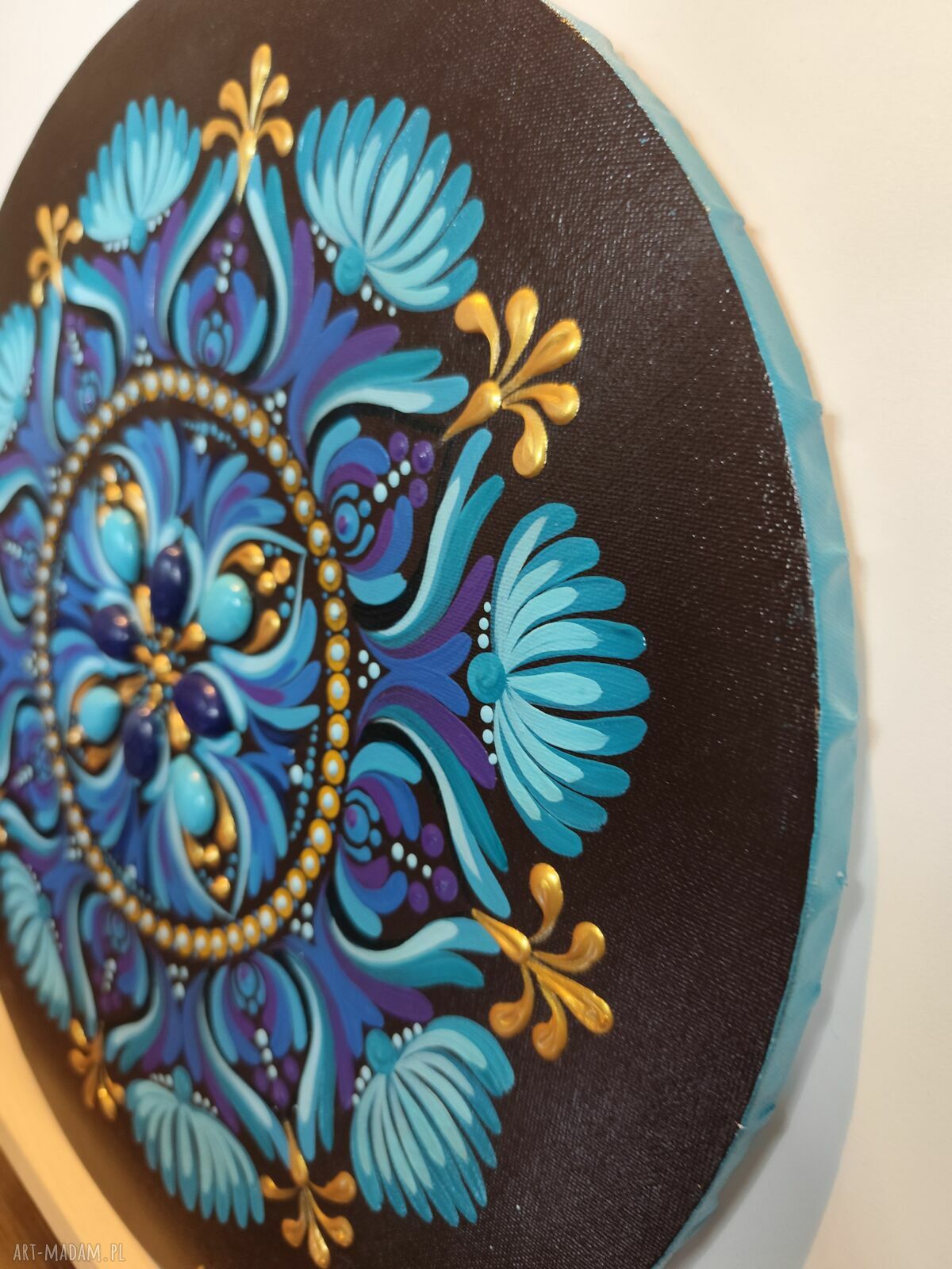 Mandala z turkusami i lapis lazuli 40 cm - akryl i kamienie naturalne