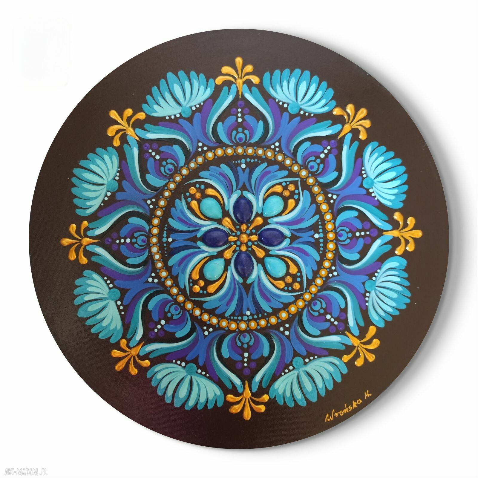 Mandala z turkusami i lapis lazuli 40 cm - akryl i kamienie naturalne