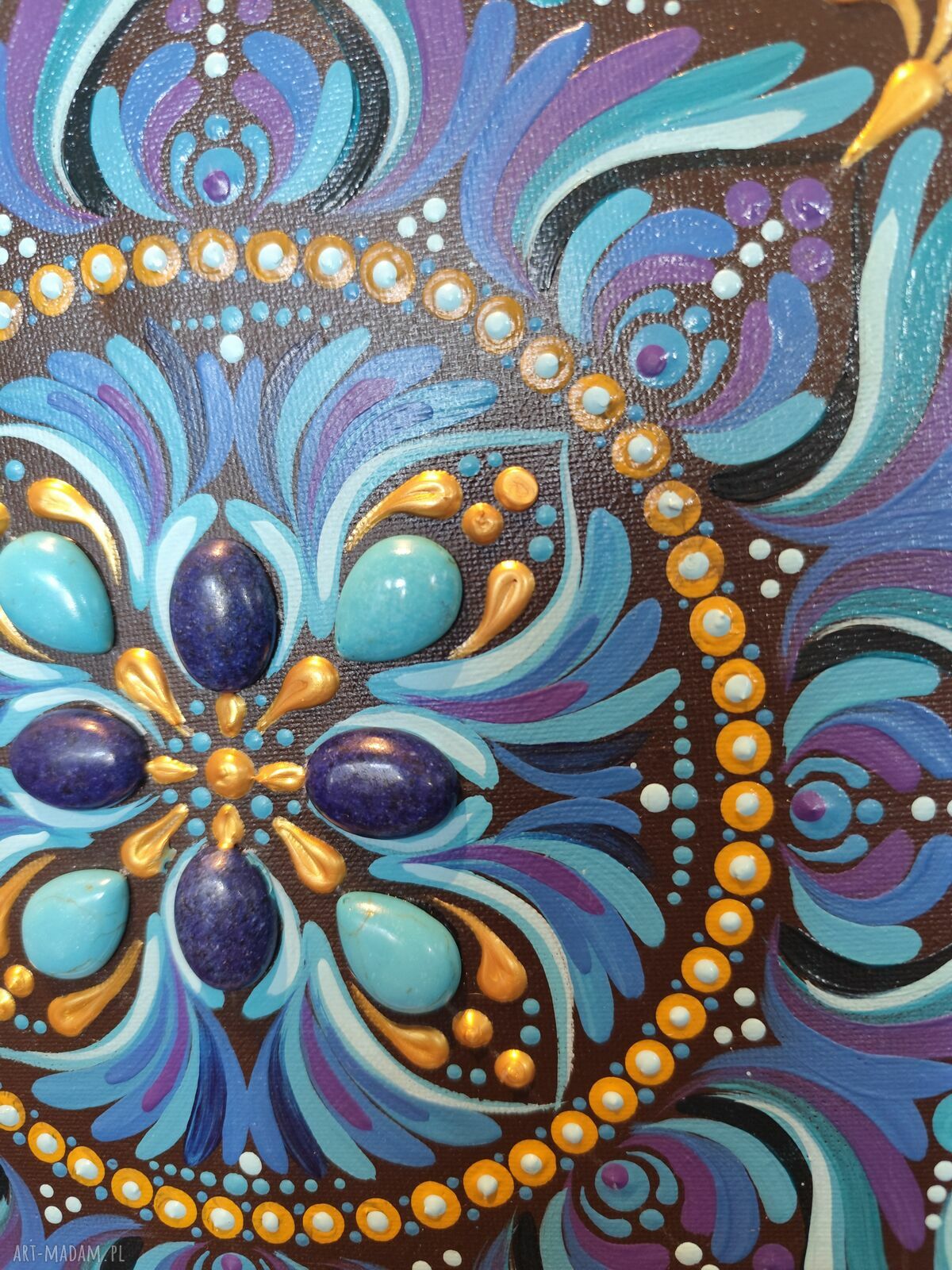 Mandala z turkusami i lapis lazuli 40 cm - akryl i kamienie naturalne