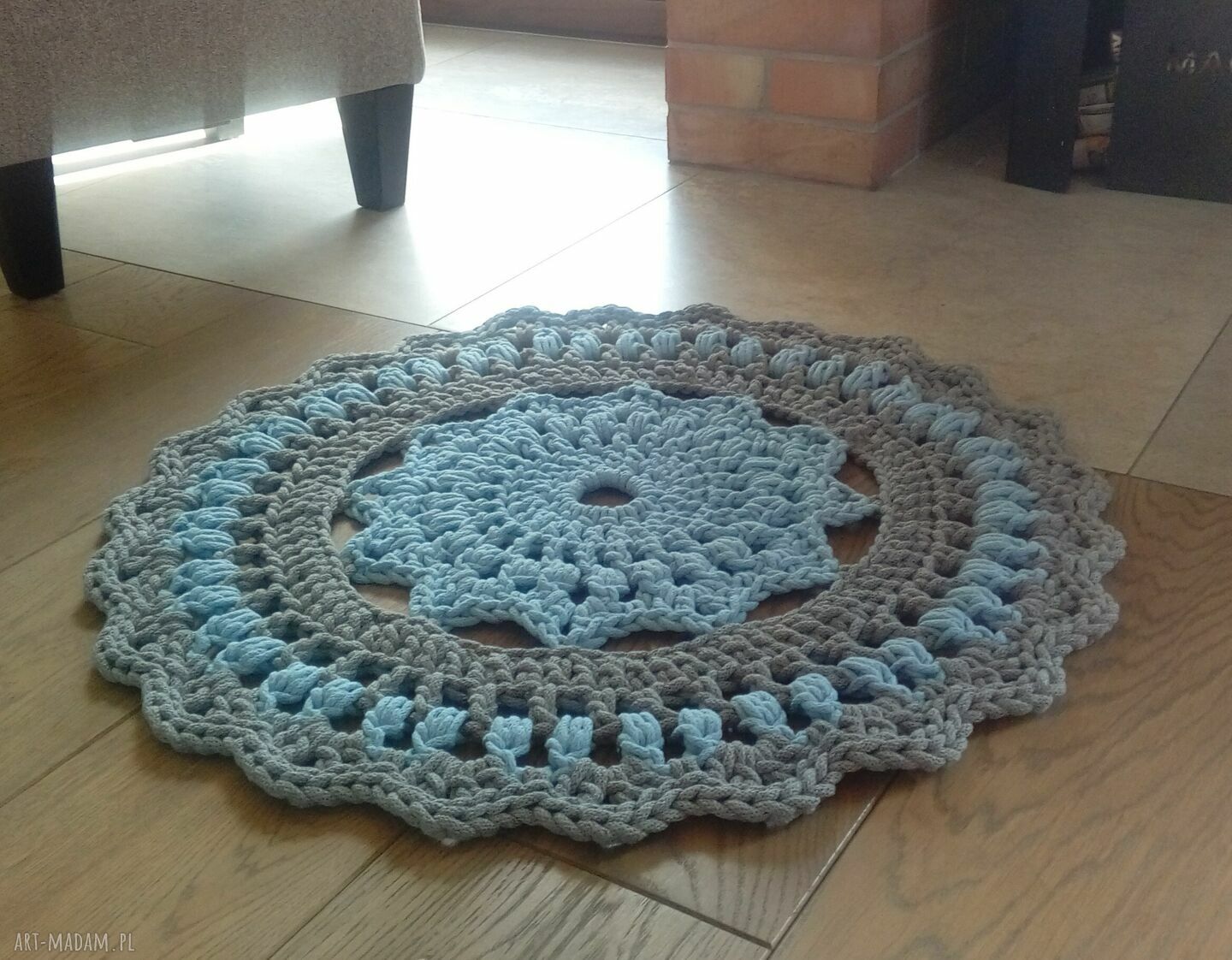 Dywan Mandalay szaro-niebieski 70 cm - szydełkowy dywan ze sznurka