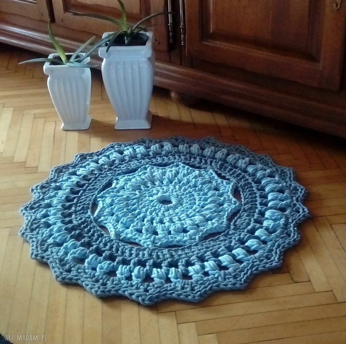 Dywan Mandalay szaro-błękitny 70 cm - okrągły dywan ze sznurka bawełnianego