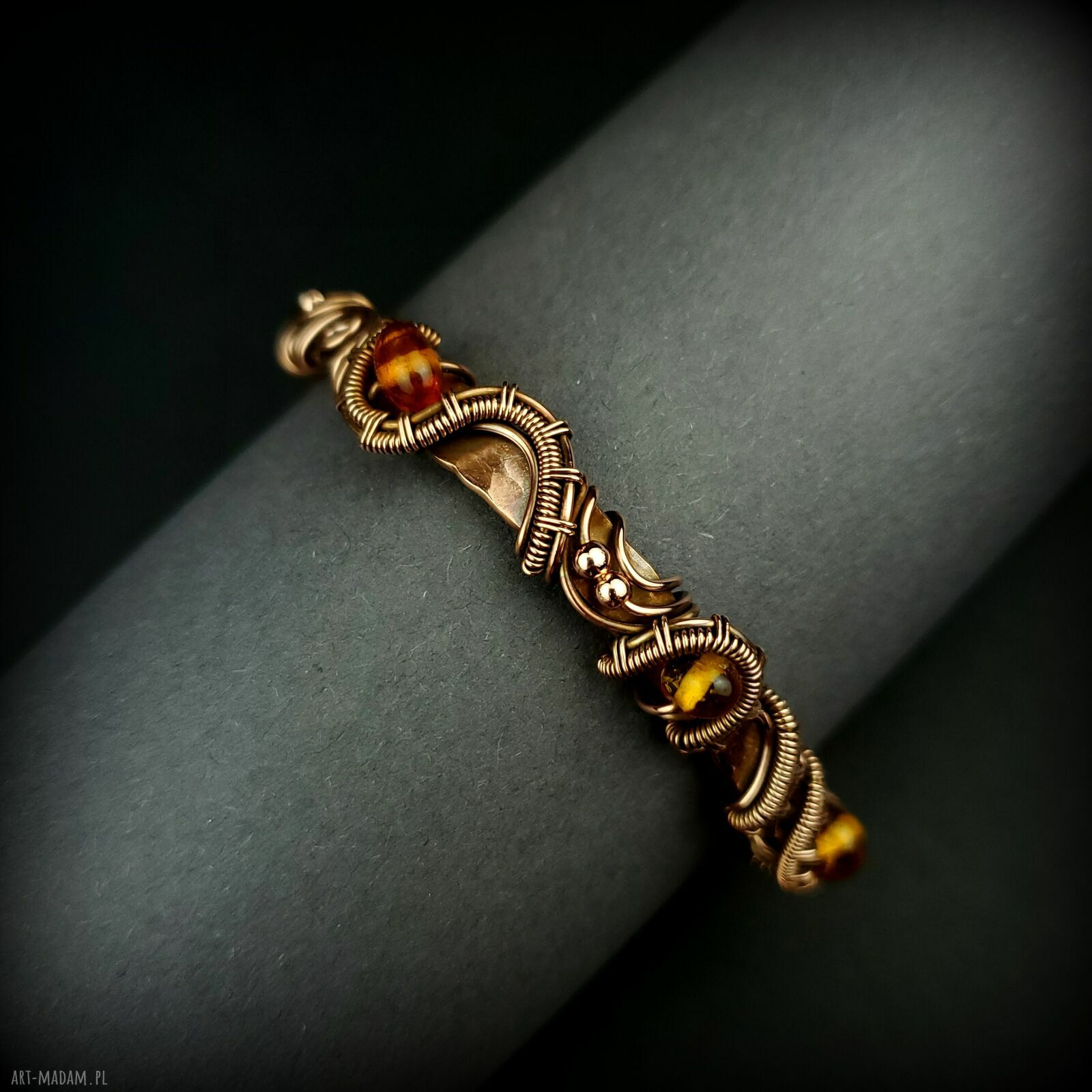 Bransoleta mankietowa z bursztynem - miedziany cuff wire wrapping
