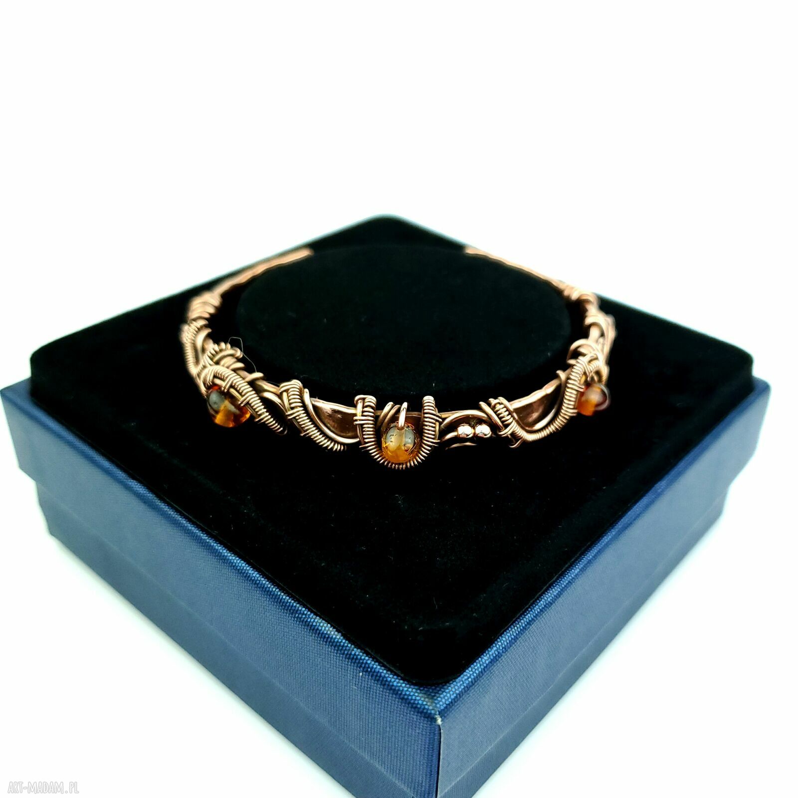 Bransoleta mankietowa z bursztynem - miedziany cuff wire wrapping