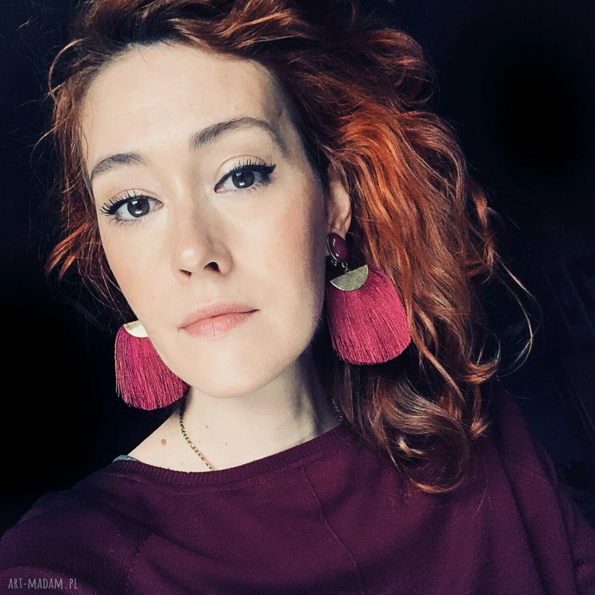 Kolczyki Manuela z chwostami - bordo, jadeit i mosiądz