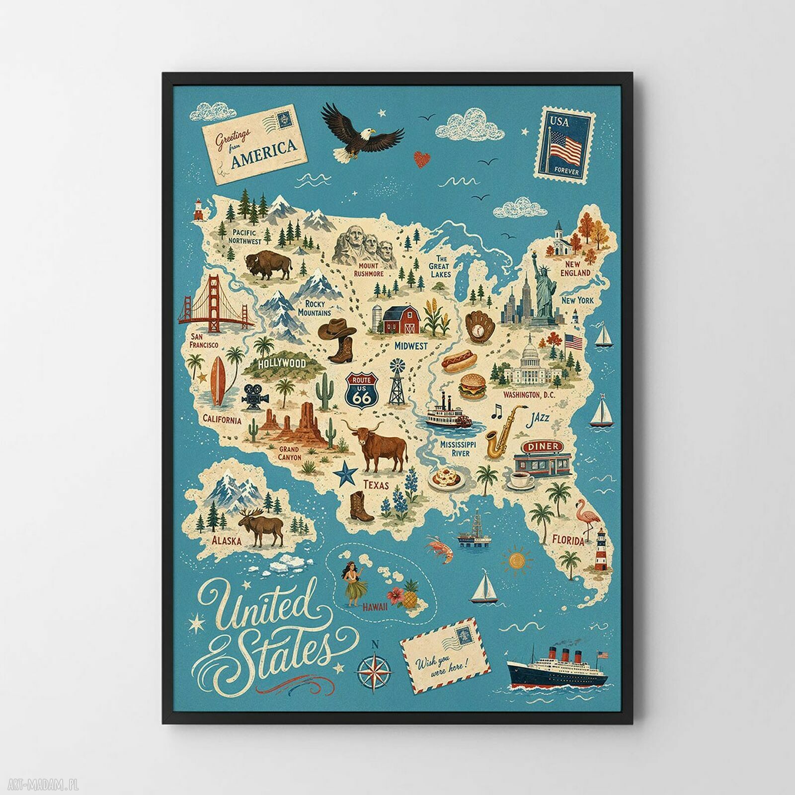 Kolorowa mapa USA - plakat 50x70 cm do wnętrza