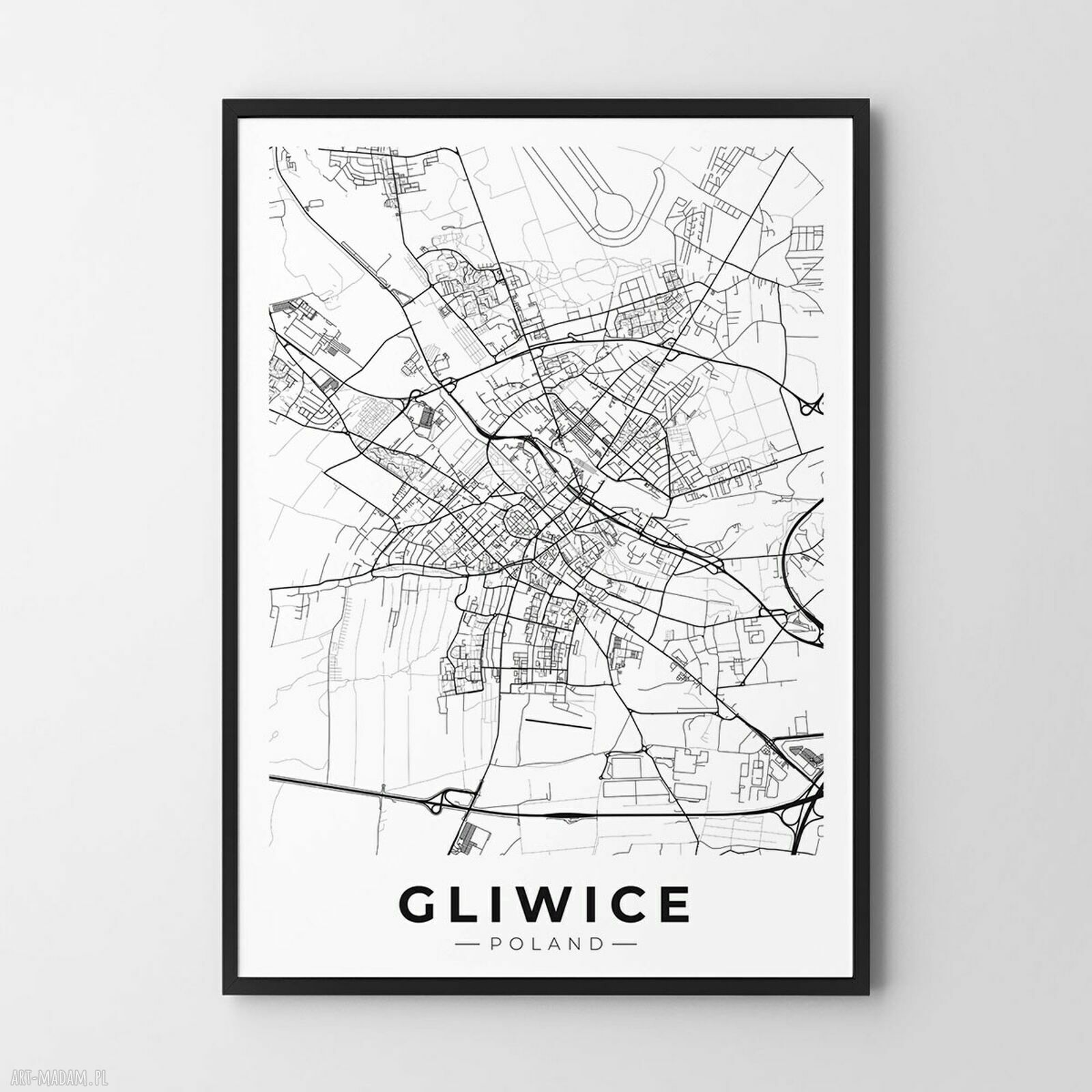 Plakat mapa Gliwice - format 30x40 cm, biało-czarny