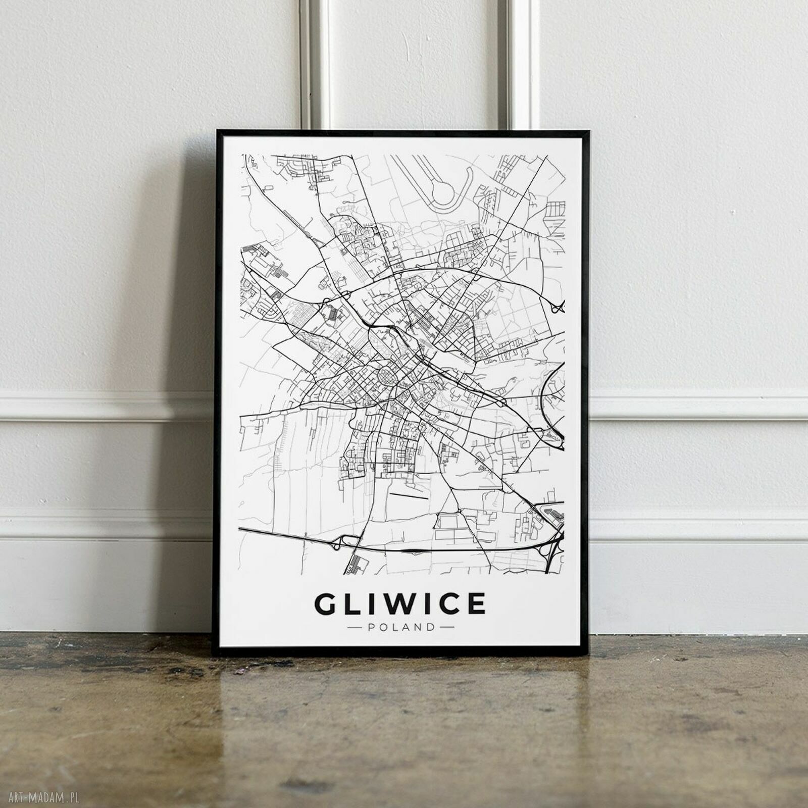 Plakat mapa Gliwice A4 Hogstudio - czarno-biała grafika miasta do Twojego wnętrza