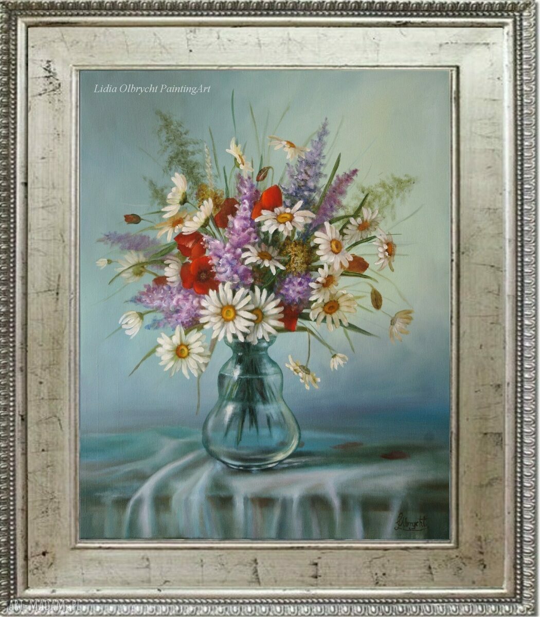 Margerytki - ręcznie malowany obraz olejny L. Olbrycht, 50x60 cm