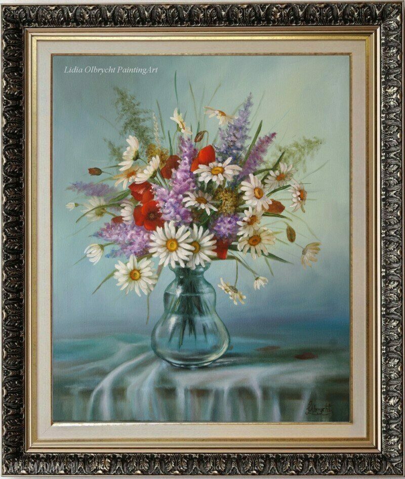 Margerytki - ręcznie malowany obraz olejny L. Olbrycht, 50x60 cm