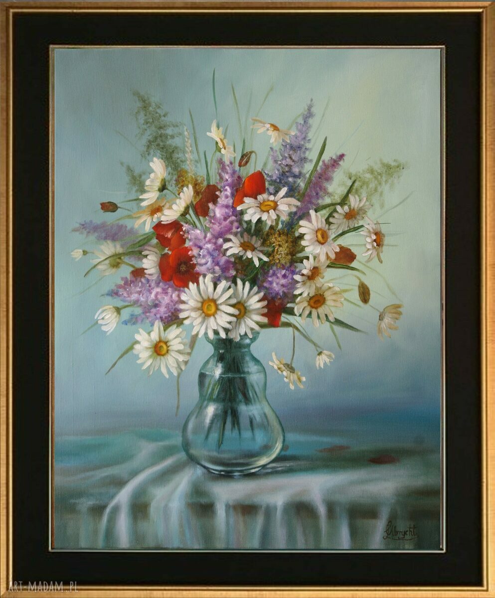 Margerytki - ręcznie malowany obraz olejny L. Olbrycht, 50x60 cm
