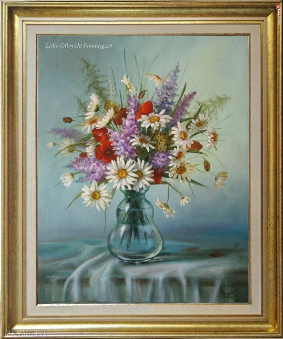 Margerytki - ręcznie malowany obraz olejny L. Olbrycht, 50x60 cm