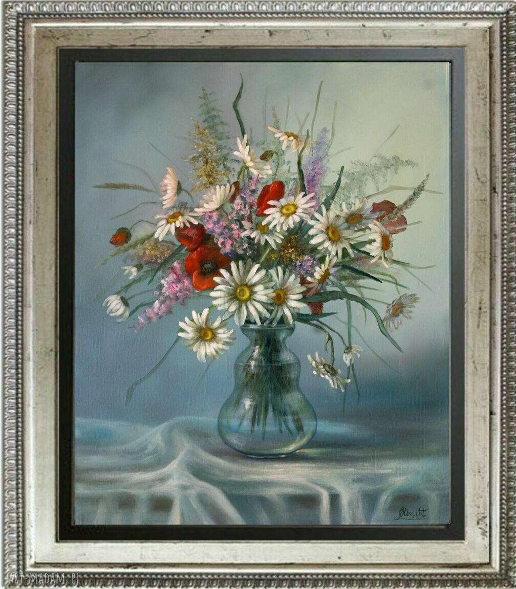 Margerytki - ręcznie malowany obraz olejny L. Olbrycht, 50x60 cm