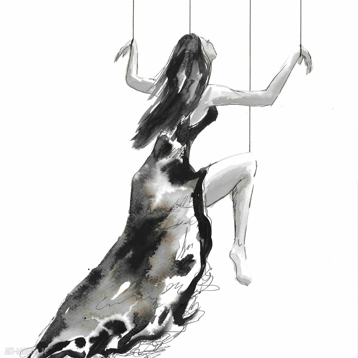 Dyptyk „Marionetki” - grafika ręcznie tworzona czarnym tuszem