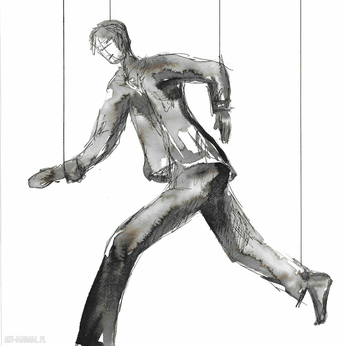 Dyptyk „Marionetki” - grafika ręcznie tworzona czarnym tuszem