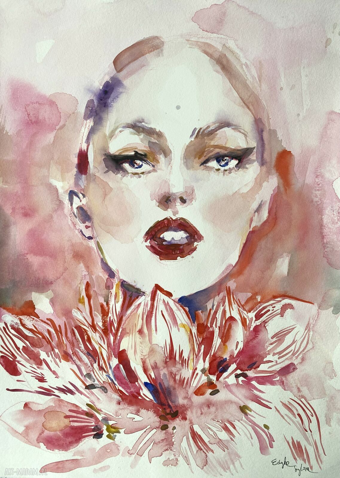 Marjolein - akwarela na papierze: portret kobiety z kwiatami