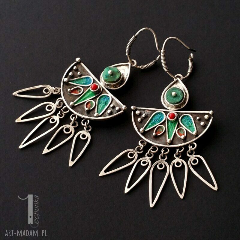 kolczyki: Maroko srebrne kolczyki z howlitem i koralem ręcznie wykonane