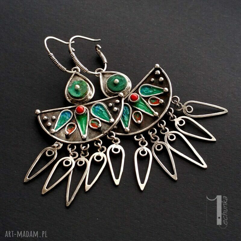 kolczyki: Maroko srebrne kolczyki z howlitem i koralem ręcznie wykonane