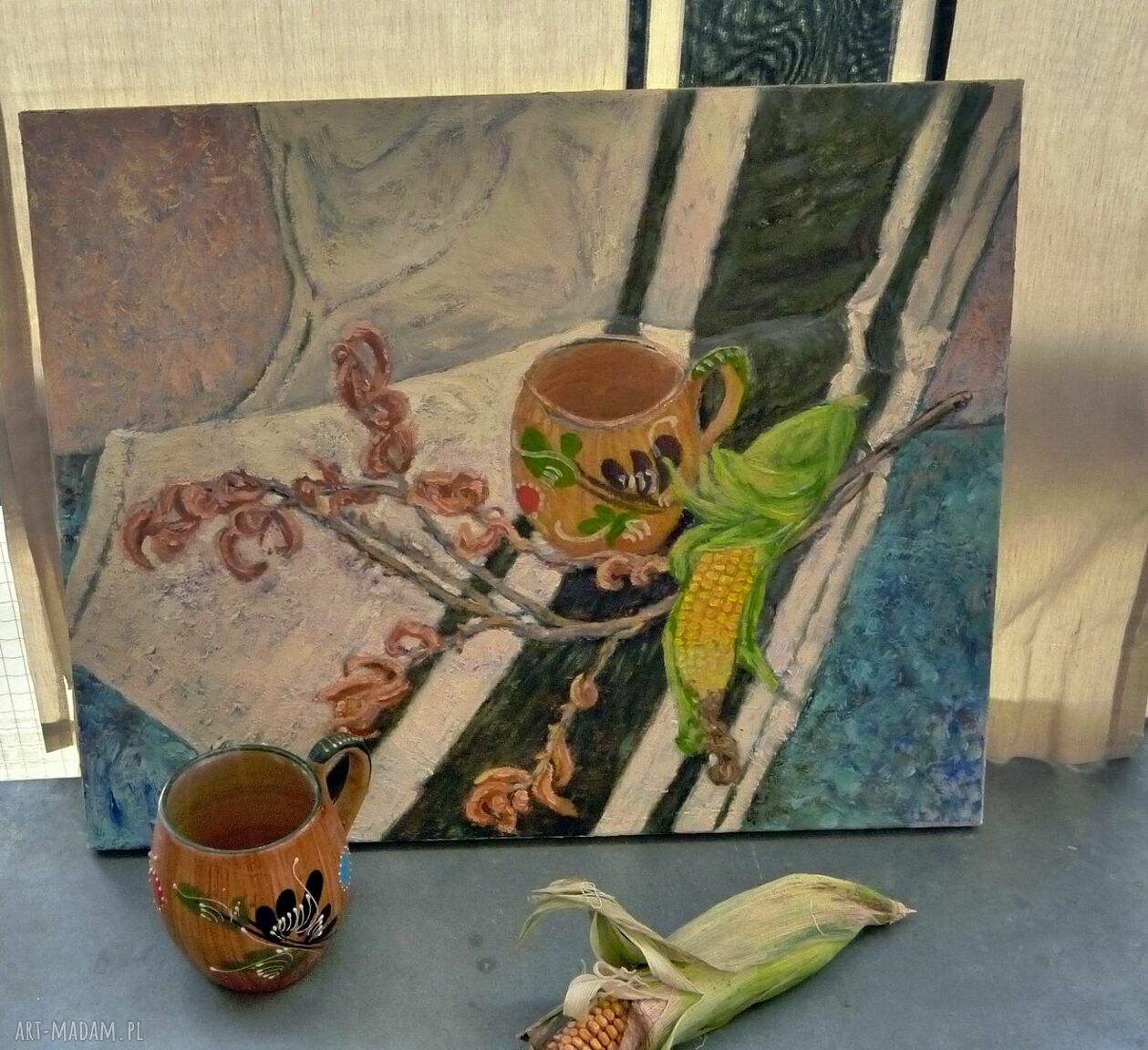 Martwa natura z kukurydzą - obraz olejny na płótnie 40x50 cm