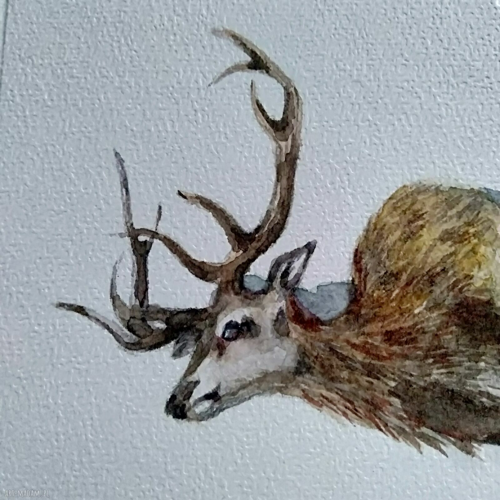 Martwy jeleń - akwarela ręcznie malowana w rustykalnym realizmie 18x15 cm