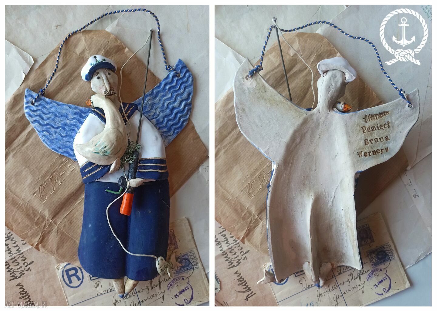 Marynarz z wędką i gęsią - ceramiczna dekoracja na sznureczku