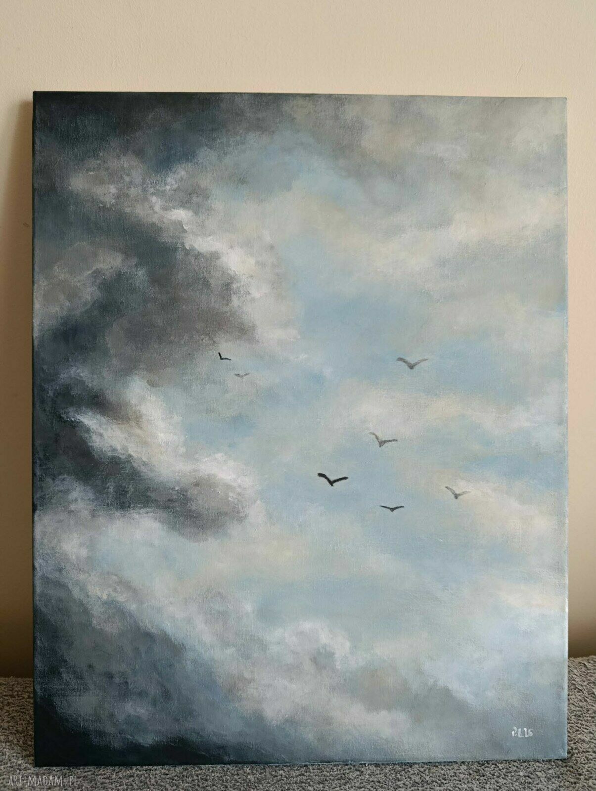 Marzenia - obraz akrylowy 50x40 cm: chmury, niebo i ptaki