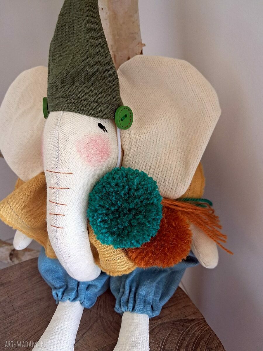Kolorowy słonik maskotka handmade z lnu - 30 cm dla dzieci 3+