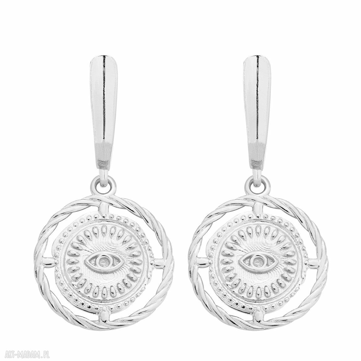 Srebrne kolczyki oczami bigle wiszące medaliony oczy masywne duże