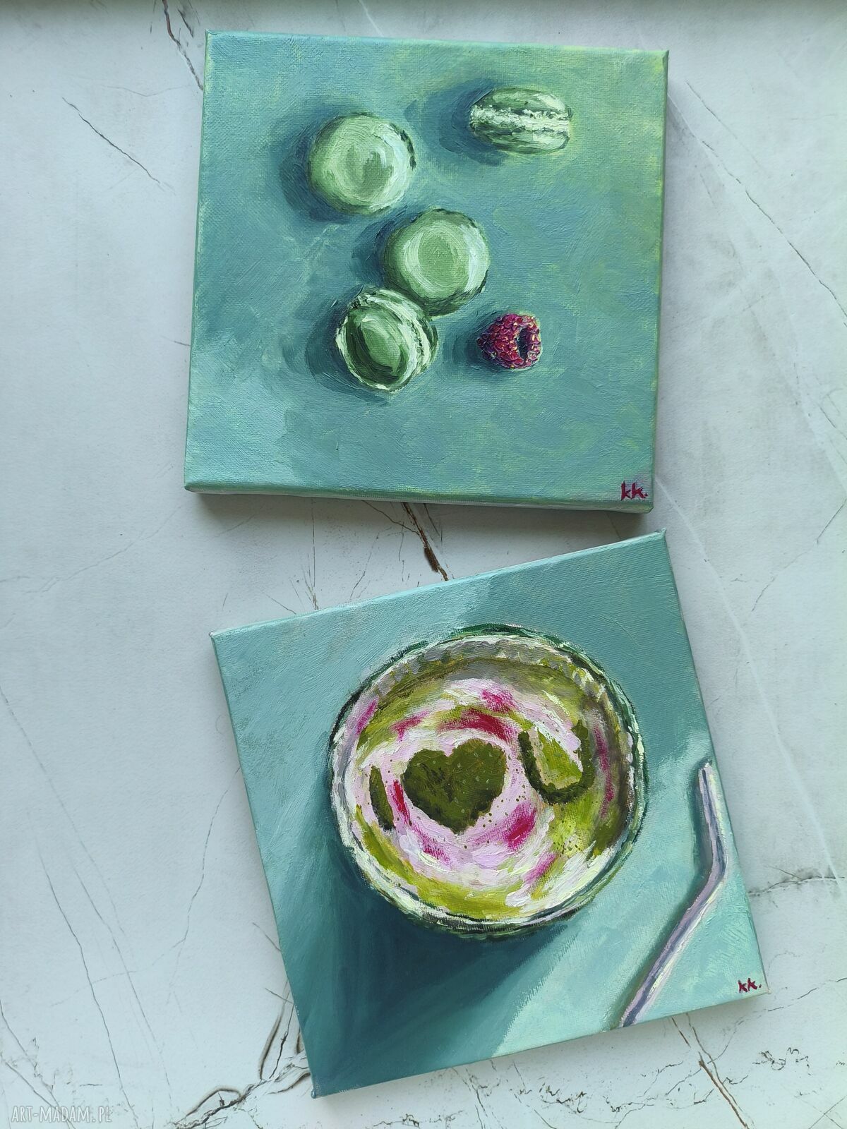 Komplet 2 obrazów Matcha Lovers 20x20 - zielony dyptyk zen (olej na płótnie)
