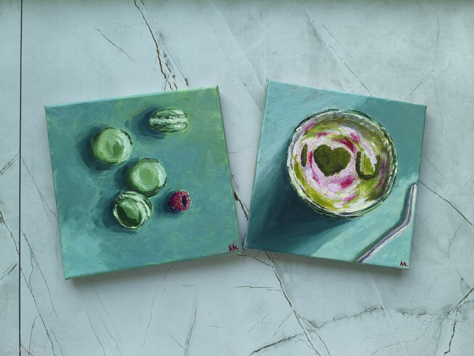 Komplet 2 obrazów Matcha Lovers 20x20 - zielony dyptyk zen olej na płótnie