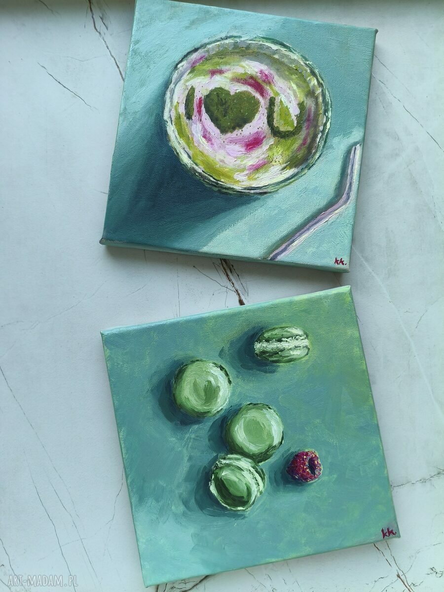 Komplet 2 obrazów Matcha Lovers 20x20 - zielony dyptyk zen (olej na płótnie)
