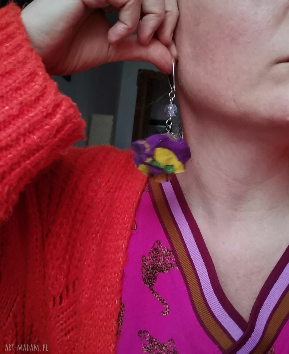 Kolczyki materiałowe lekkie duże box G1 w stylu etno boho folk (Ruda Klara)