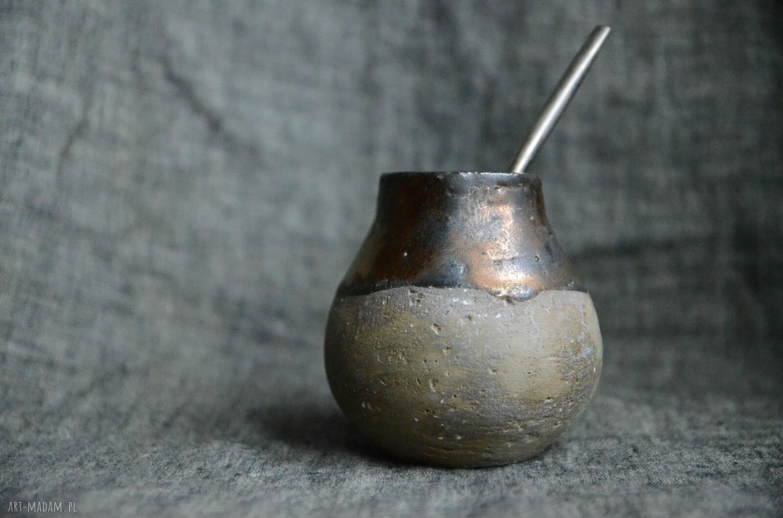 Matero do yerba mate 220 ml - szamotowa glina zielona i złota, ręcznie robione
