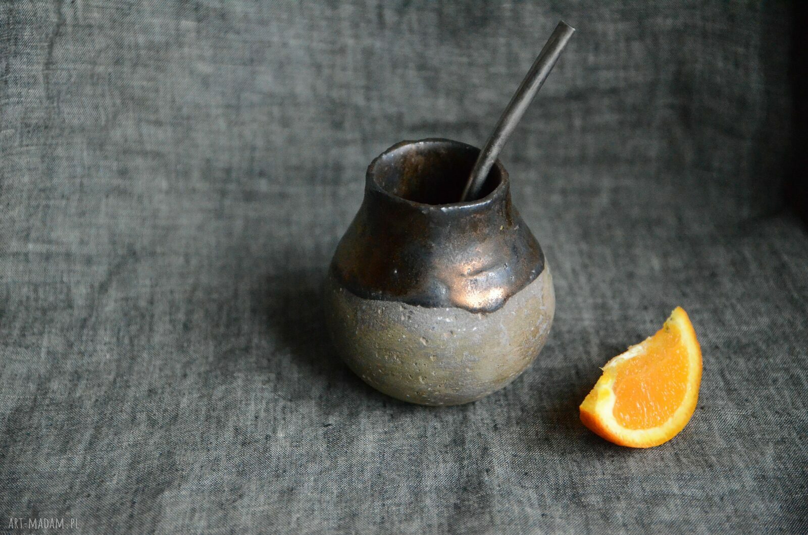 Matero do yerba mate 220 ml - szamotowa glina zielona i złota, ręcznie robione