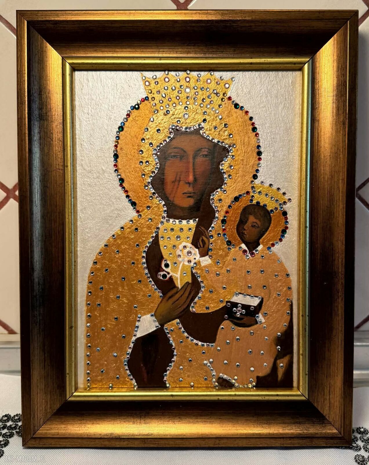 Ręcznie malowany obraz olejny Matka Boża Częstochowska z różą