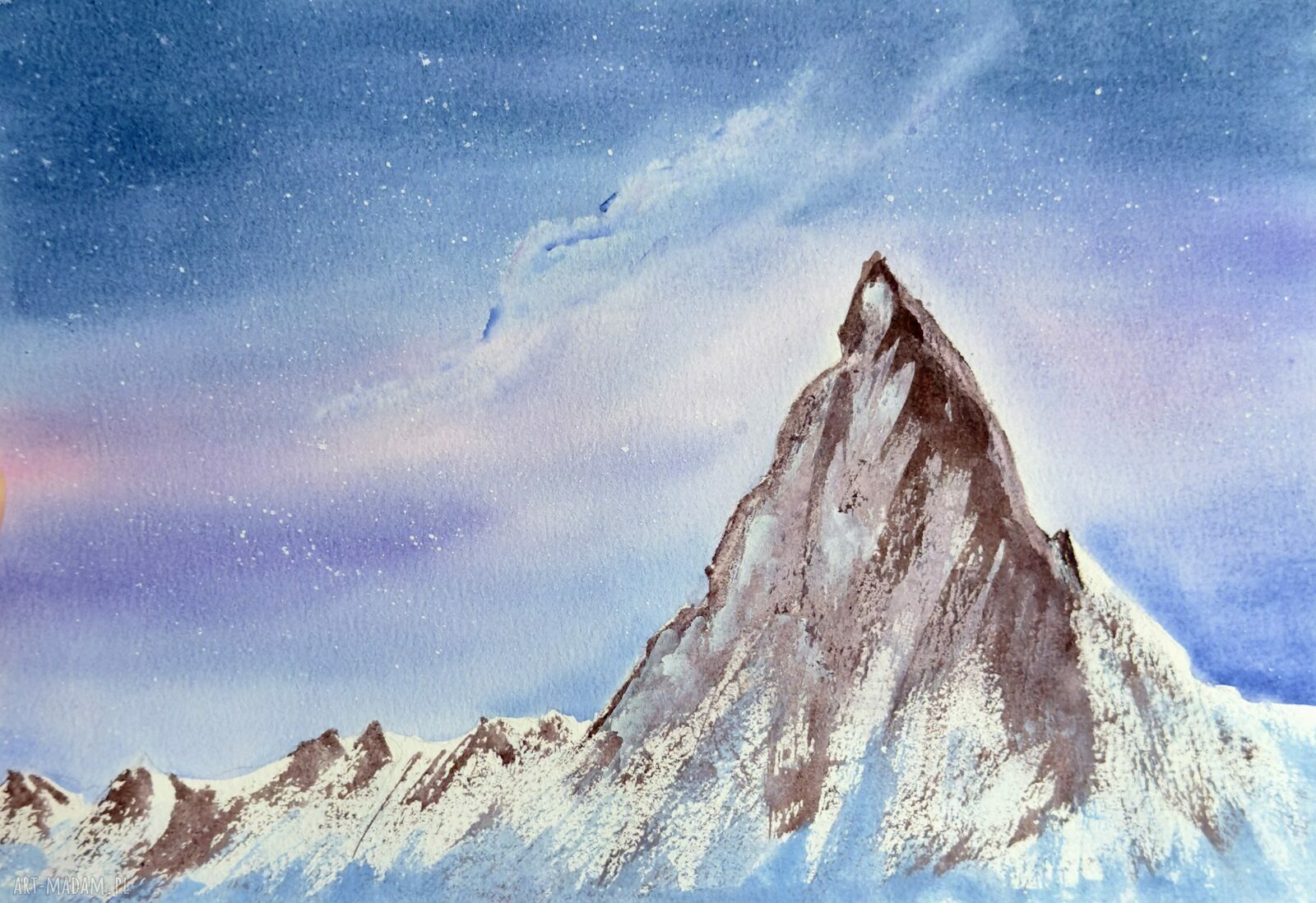 Akwarela Matterhorn - górski pejzaż w fioletowo-niebieskiej tonacji
