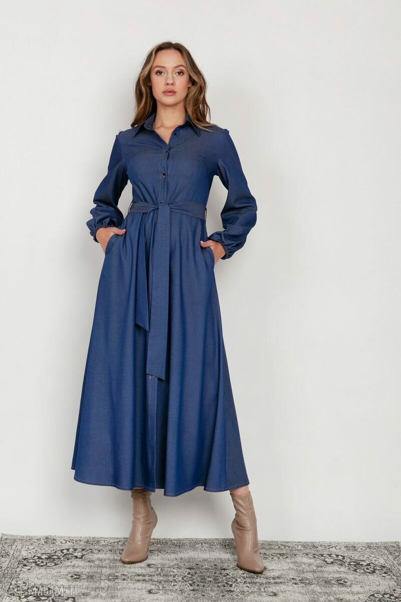 Sukienka maxi na guziki, z kołnierzykiem - SUK204 jeans
