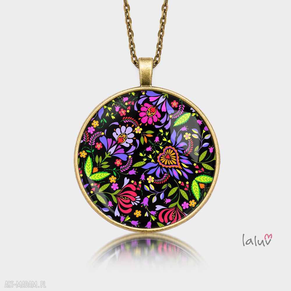 Medalion okrągły Flower Power - handmade naszyjnik kwiatowy z antycznym złotem